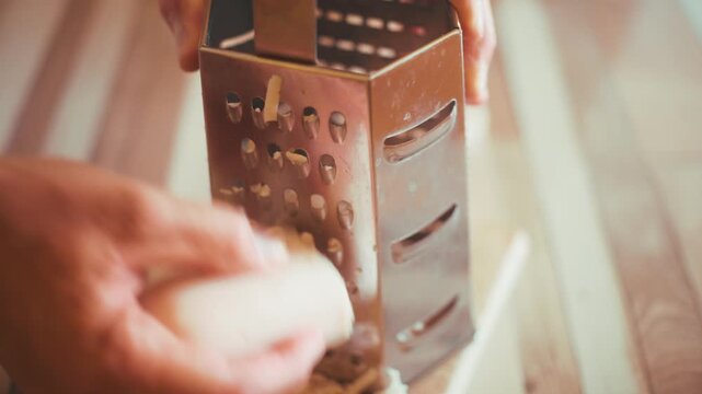 Close-up of chef hands grating fresh deli ham or sandwich meat using a stainless steel grater. Preparing savory ingredients for baking topping, homemade cooking on wooden table background, 4k.