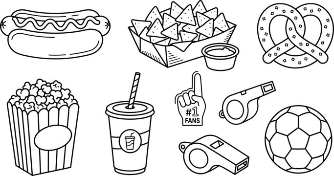 Stadium concessions and sports game icons set with hot dog nachos popcorn soccer ball vector illustration.