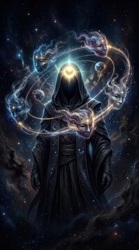 Mysterious Cosmic Sorcerer with Orbiting Celestial Masks in Deep Space