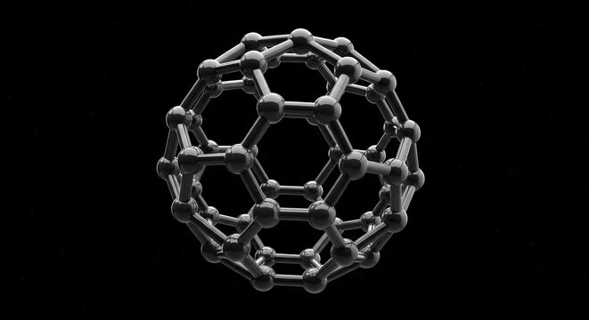 Buckminsterfullerene molecule structure on black background