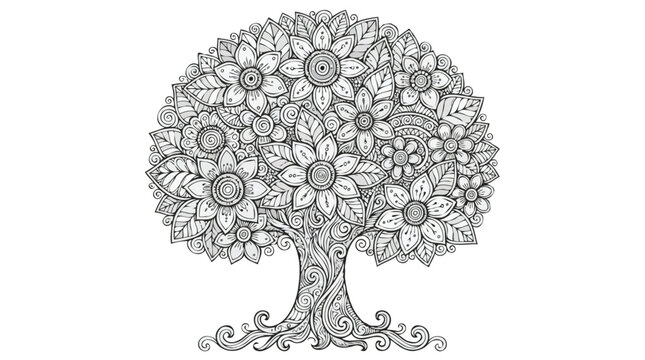 Stylized tree of life with ornate flowers and leaves doodle coloring page