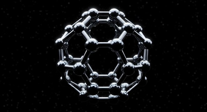 Buckminsterfullerene molecule structure on black background
