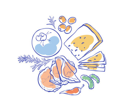 Vintage charcuterie watercolor icon with cheese, prosciutto snack and olive appetizer on white background. Hand drawn doodle food illustration with gherkin bread element for mediterranean dinner menu