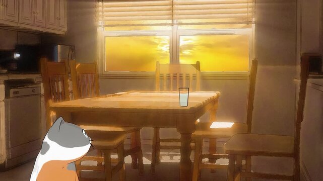 Naughty Retro Anime Cat Knocking Over Water Glass on Table at Sunset