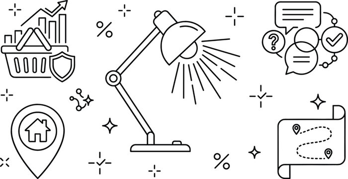 Business services and e-commerce line icon set with desk lamp shopping basket map pin and customer support bubbles