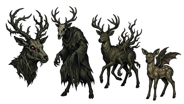 Set of dark fantasy deer creatures with supernatural and occult elements.