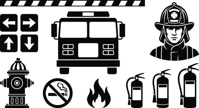 Fire evacuation icon set with black silhouettes of fire truck hydrant firefighter head and extinguishers vector