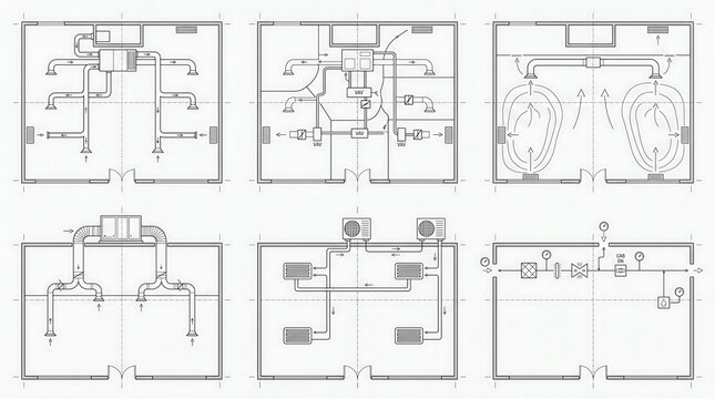 Technical Sheet Showing Six Retail HVAC and Airflow Distribution Diagrams in a 2x3 Grid on White Background