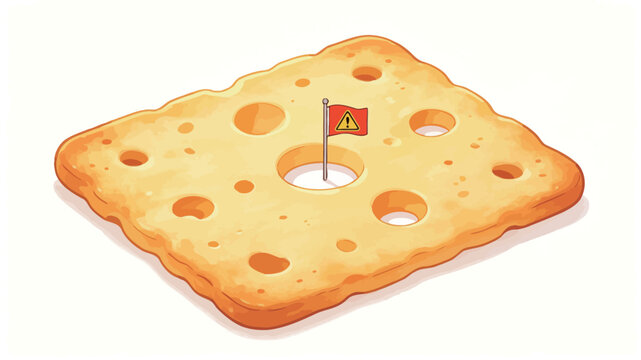 Isometric view of a whimsical slice of yellow cheese with multiple holes and a small red warning flag planted in the center hole, hand-drawn illustration