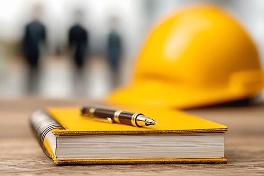 Construction Safety Planning with Hard Hat, Notepad, and Pen on Wooden Surface at Construction Site