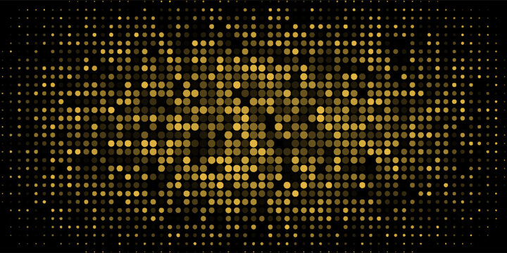 Abstract luxury banner with golden glittering dots on black background. Sparkling glitter bottom border, vector frame. Halftone effect. Magical gold dust. Pop art style backdrop.