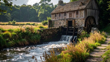 Fototapeta premium Serene stone cottage beside flowing river in autumn forest.