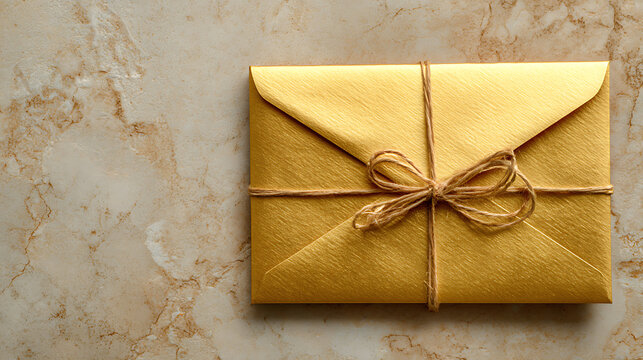 close up of sealed craft envelope wrapped with twine string showing vintage letter delivery concept