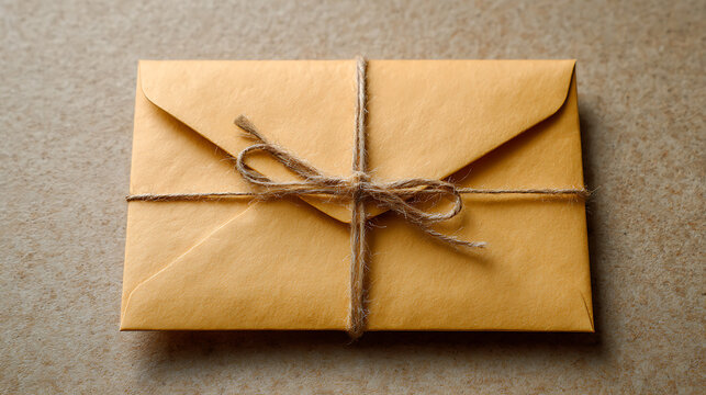 close up of sealed craft envelope wrapped with twine string showing vintage letter delivery concept