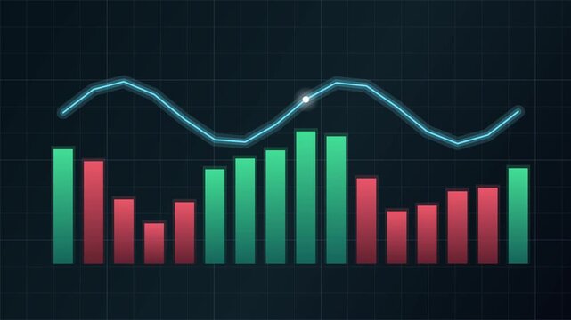 A colorful bar graph shows fluctuating statistics on a digital grid background with a wavy line.