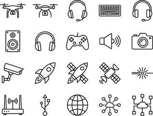 Technology and gaming gadget line art icons set with drone gamepad headphones router vector illustration. © MSTJANNATUN
