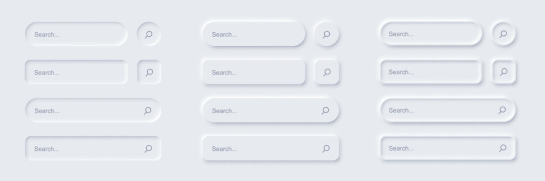 Neomorphic search bar set. SEO background. Rounded panels with search fields and magnifier symbols on light background. Modern vector illustration in neomorphism style for digital marketing solutions.