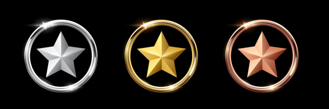 Gold, silver, bronze circle medals with star. Metal coins. First, second, third place award frames isolated on black. Winners trophy. Blank shiny badge, label. Realistic vector illustrations set.