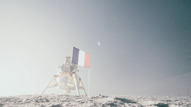 Robotic lunar lander on the moon cratered surface with a tricolor flag, wide atmospheric  for space exploration and national achievement concepts