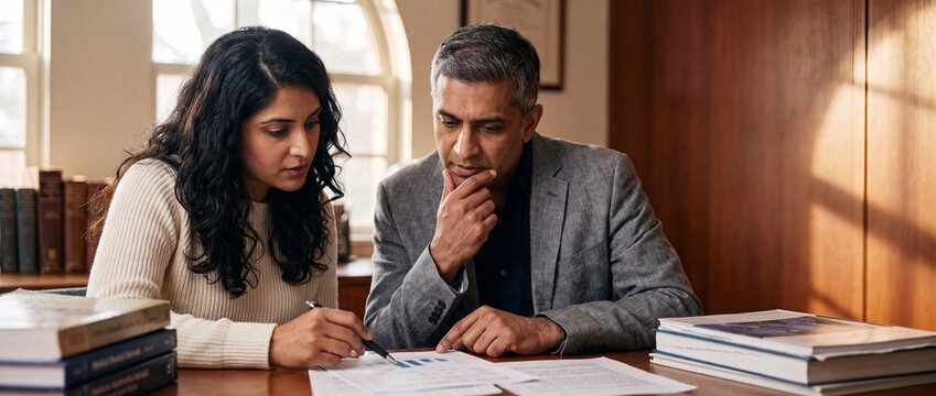 South Asian couple financial planning at desk with serious expression analyzing data charts, documents, and tax reports in library office; professional business consult and wealth management.