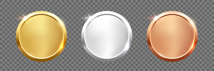Plakat Gold, silver, bronze circle medals. Metal coins. First, second, third place award frames isolated on transparent. Winners trophy. Blank shiny badge, label. Realistic vector illustrations set