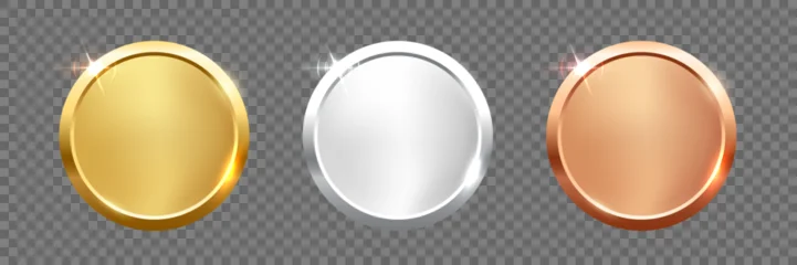 Fototapeten Restaurant Gold, silver, bronze circle medals. Metal coins. First, second, third place award frames isolated on transparent. Winners trophy. Blank shiny badge, label. Realistic vector illustrations set  © backup16