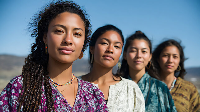 native american women wearing traditional patterned clothing standing together outdoors showing tribal community heritage