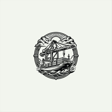 Circular badge featuring a container ship at dock.