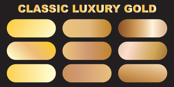 Classic luxury gold metallic gradient color palette collection, featuring nine horizontal rounded banners with premium golden swatches isolated on a solid black background. 