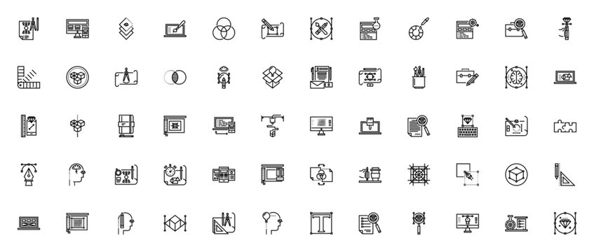 Creative process icon set. Minimal thin line vector icons. Vector illustration. Featuring brainstorming, sketch, idea, workflow, design, research, monitor, laptop, color palette, portfolio, and more.