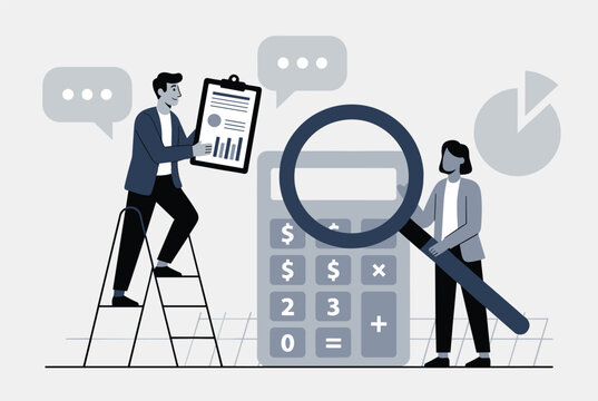 Business professionals performing a detailed audit and financial calculations using a large calculator and magnifying glass.