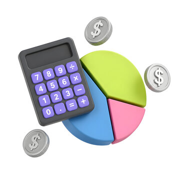 Colorful pie chart with calculator and dollar coins on transparent background