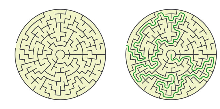 Circular maze design with solved path highlighted in green  