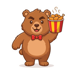 Fototapeta premium A funny bear mascot character wearing a red bow tie, happily holding a bucket of fried chicken
