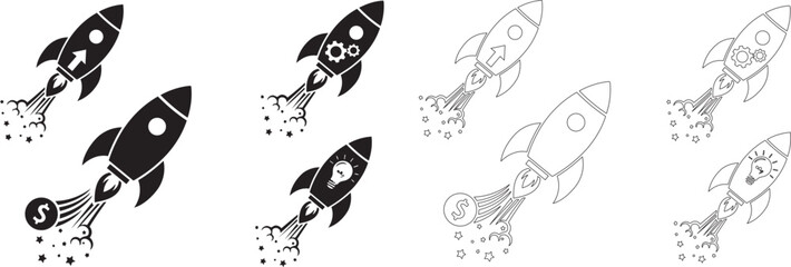 Collection of conceptual rocket ship icons representing business growth and ideas isolated on transparent background © SMNABIBUR