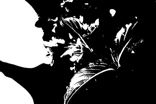 Abstrakte High-Contrast-Silhouette eines Gesichts mit floralen Elementen und Bl&auml;ttern in Schwarz-Wei&szlig;