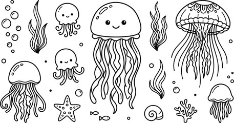 Cute jellyfish line art icons set with cartoon sea creatures bubbles seaweed and starfish vector illustration. © MSTJANNATUN
