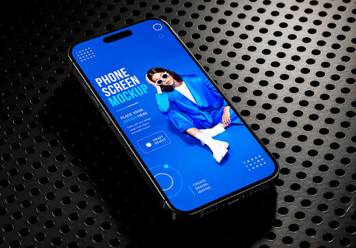 Smartphone Screen Mockup on Metallic Dotted Surface