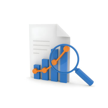 3D illustration of a magnifying glass over a blue bar graph and line graph on a document on transparent background
