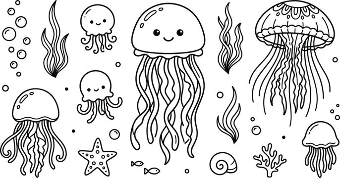 Cute jellyfish line art icons set with cartoon sea creatures bubbles seaweed and starfish vector illustration.