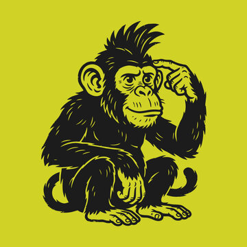 Thinking monkey chimpanzee hand to head sketch illustration.