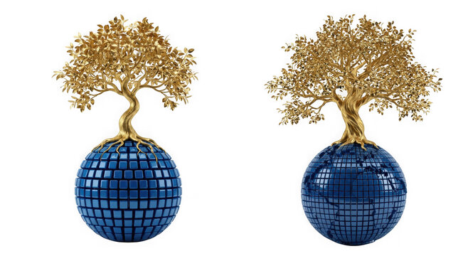 Golden tree growing on a blue globe made of digital cubes isolated on transparent background