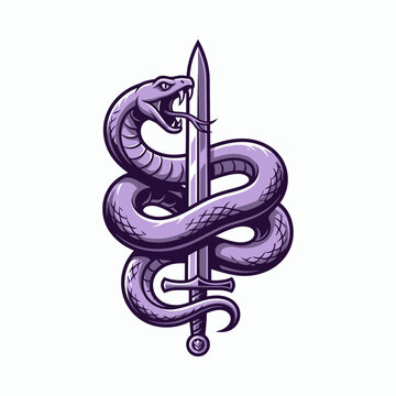 Purple snake coiled around a sharp silver sword.
