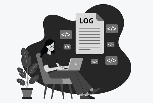 Female software developer analyzing system logs and programming code on her laptop in a black and white illustration.