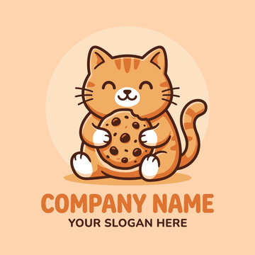 Cute orange cat character holding chocolate chip cookie