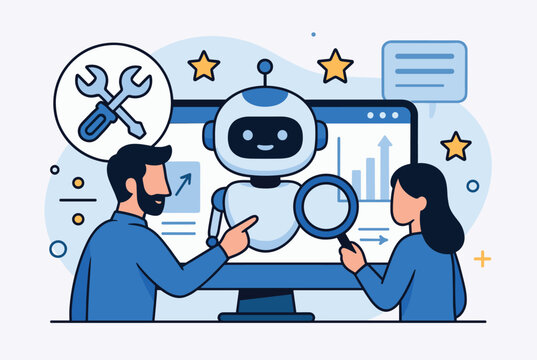 Technical team auditing and analyzing an artificial intelligence robot on a computer monitor using diagnostic tools.