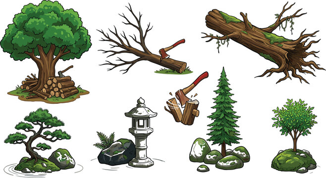 Forest and garden nature vector element set with green trees logs stone lantern and axe