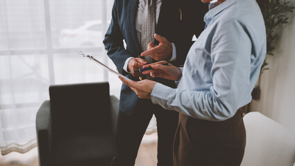 Fototapeta premium Business professionals discussing loan application details with client