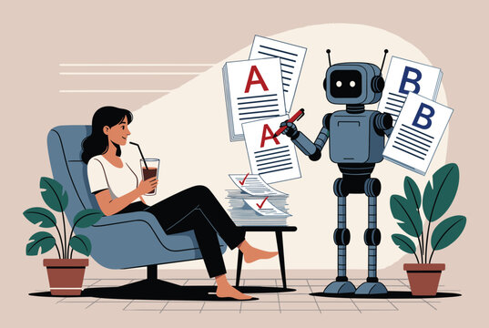 Robot assistant grades exam papers with letters a and b while a relaxed young woman sits in an armchair enjoying a cold beverage.