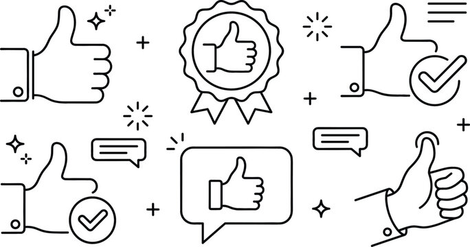 Customer approval and thumbs up line icon set featuring positive feedback gestures checkmark award badge and speech bubble